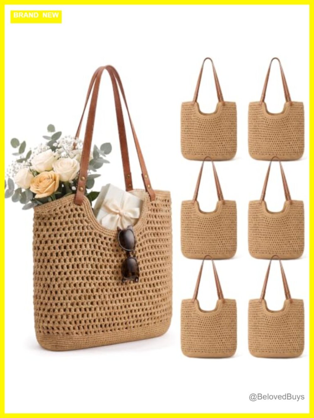 6 Pack Crochet Beach Tote Woven Shoulder Bag with Leakproof Lining